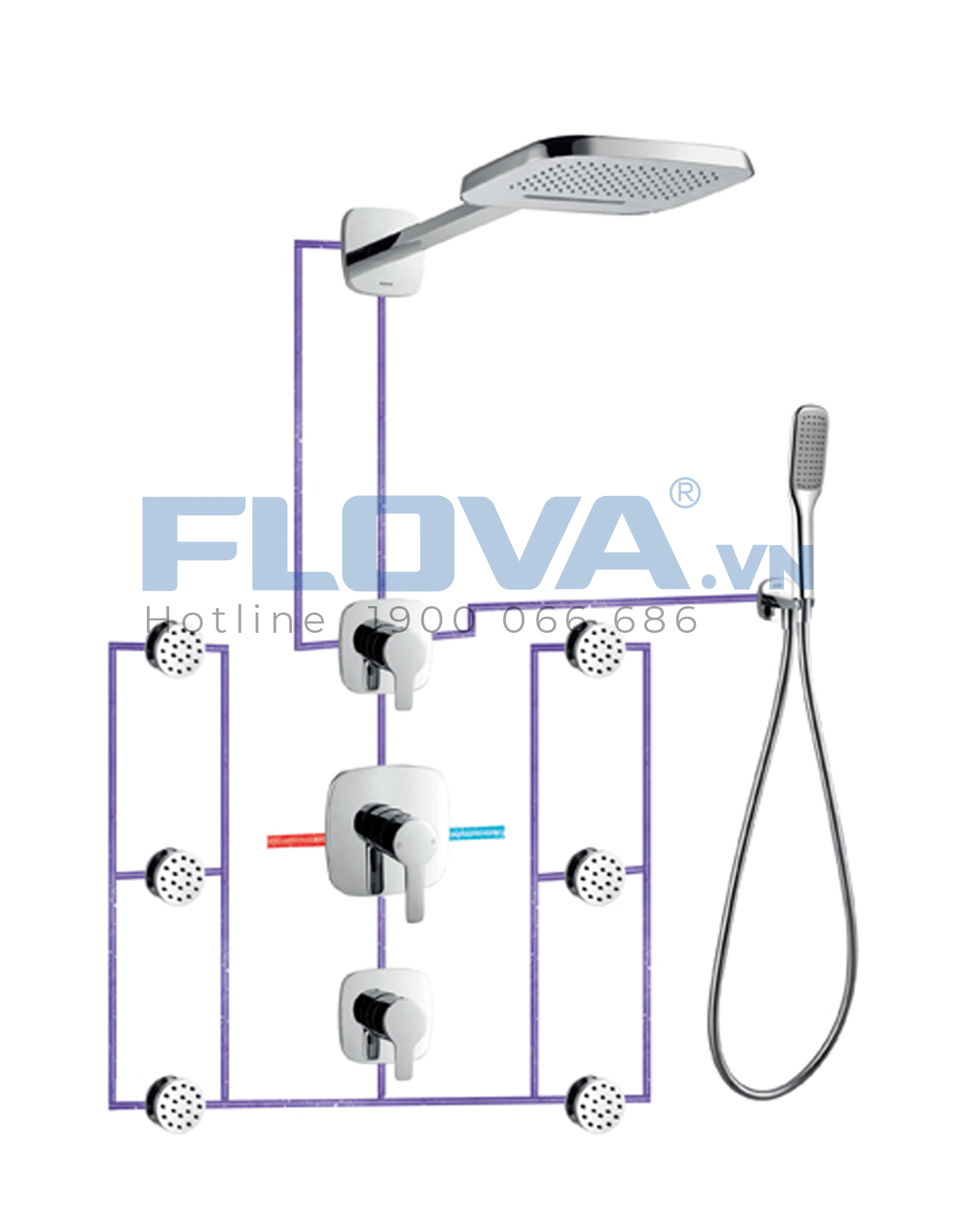 Sen âm tường cao cấp sáu họng massage FH 9910A-D82 Sen âm tường cao cấp sáu họng massage FH 9910A-D82